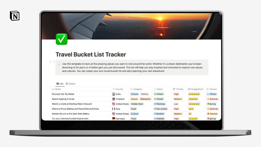 Travel Bucket List Tracker Notion Template